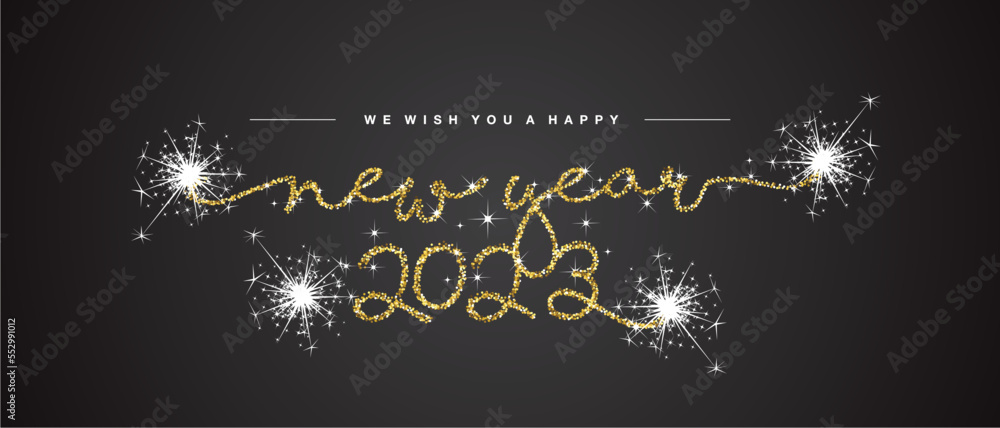 We wish you a Happy New 2023 Year handwritten lettering tipography line design golden glitter stardust sparkle firework black background banner vector
