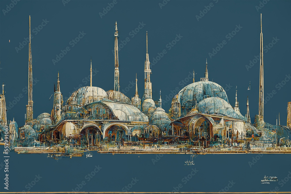 Obraz premium Mosque in the foggy weather with the view from the coffee table with delights and carpet next to it for HD Background Wallpaper.