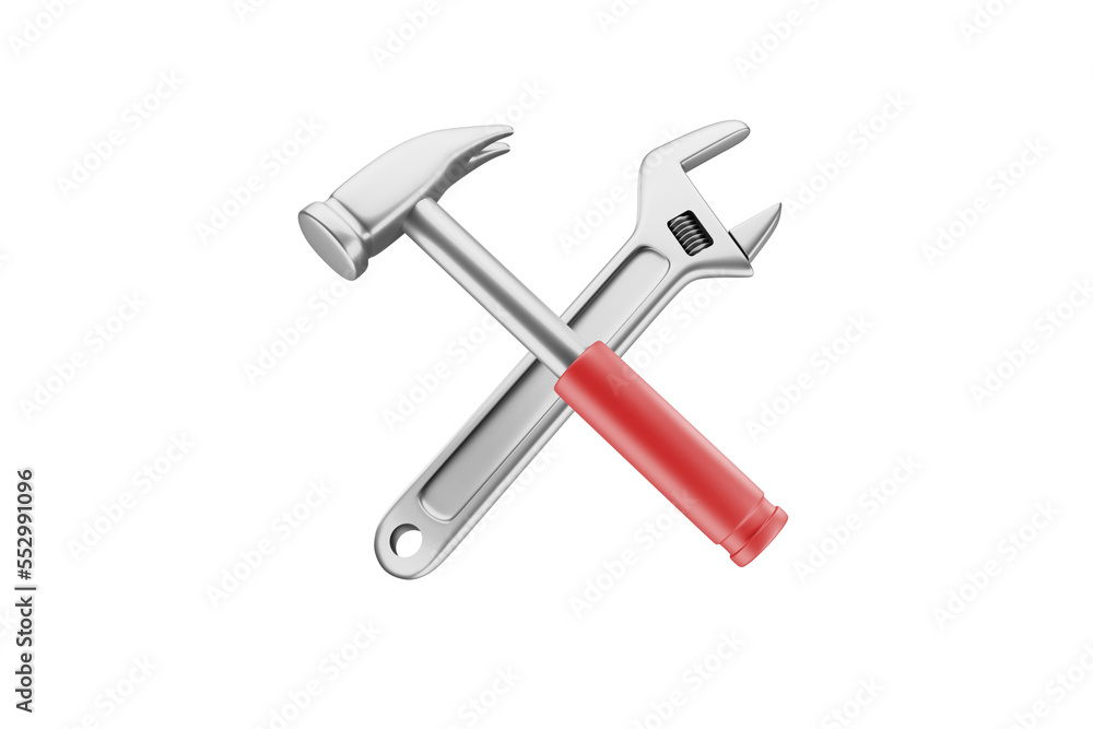 Metal hammer with adjustable wrench on white background. Metal hammer with adjustable wrench on white background.
