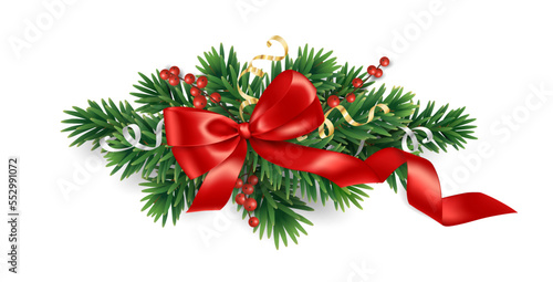 Christmas bow and tree border  vector. Red ribbon with Christmas tree branch and holly berries.