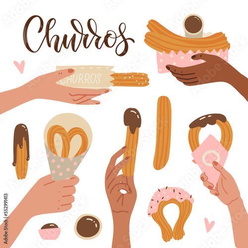 Hands holding different churros. Traditional Spanish and Portuguese dessert. A femals hand holding a pastry sweet snack and dunking it in a chocolate sauce. Flat vector illustration.