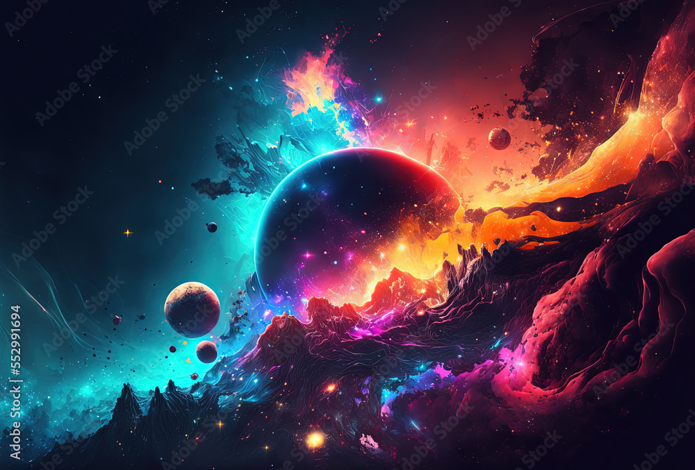 Abstract cosmic background. Colorful background with planets and stars. Colorful space illustration. Generative AI