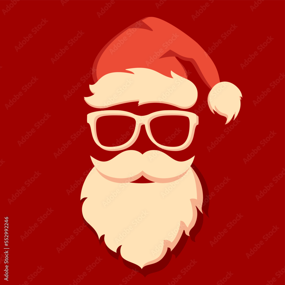 Cool Santa Claus face with beard and hat, vector cartoon
