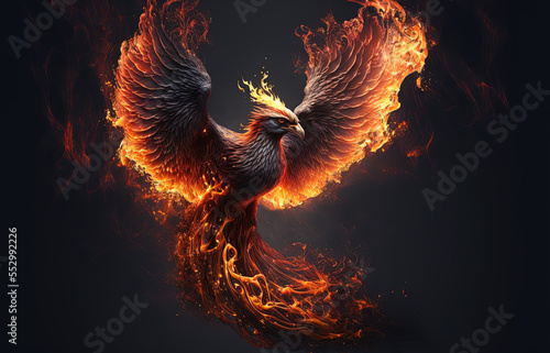 Illustration of a phoenix in fire. Symbol of rebirth. Fenix with burning wings and feathers. Firebird on black background. Generative AI