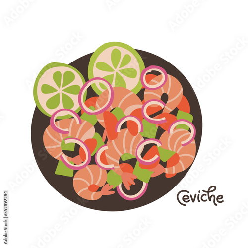 Seafood salad Ceviche isolated concept. Shrimp, avocado, tomato and onion salad of Latin American cuisine. National cuisine of Peru. Food vector flat hand drawn illustration