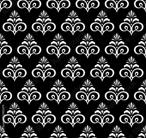 Wallpaper in the style of Baroque. Seamless vector background. White and black floral ornament. Graphic pattern for fabric, wallpaper, packaging. Ornate Damask flower ornament