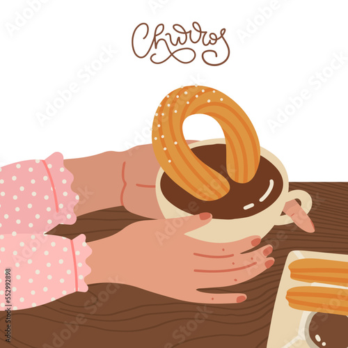 Female hands holding churros dip in chocolate sauce. Flat vector illustration. Churro cafe isolated concept