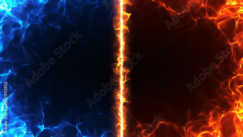 対立する、画面を囲む赤と青の炎背景