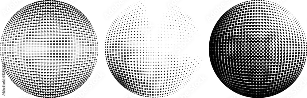 Set of spheres . Halftone constructed transparent sphere .Vector .Technology sphere Logo . Design element for posters, social media, templates, flyers, brochures . Abstract trendy transparent circles Set of spheres . Halftone constructed transparent sphere .Vector .Technology sphere Logo . Design element for posters, social media, templates, flyers, brochures . Abstract trendy transparent circles