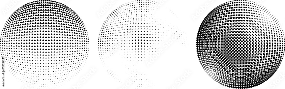 Set of spheres . Halftone constructed transparent sphere .Vector  .Technology sphere Logo . Design element for posters, social media, templates, flyers, brochures . Abstract trendy transparent circles