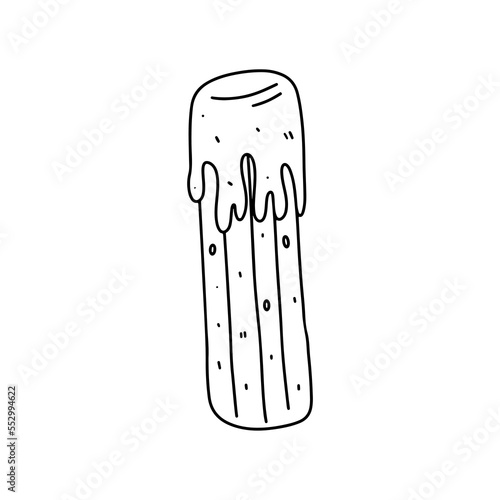 Churro with chocolate in hand drawn doodle style. Mexican snack. Vector illustration. Churros stick with sauce.