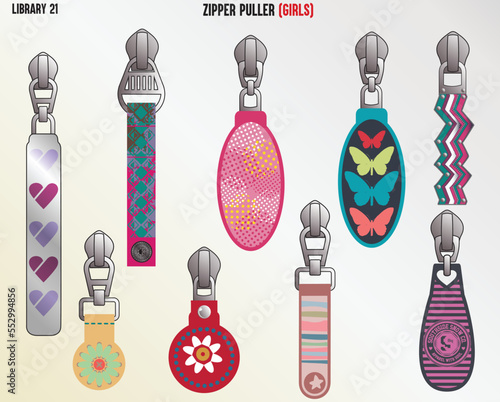 FASHION DESIGN LATEST TREND ZIPPER SLIDER AND PULLERS FOR KID GIRLS AND TEEN GIRLS IN EDITABLE VECTOR