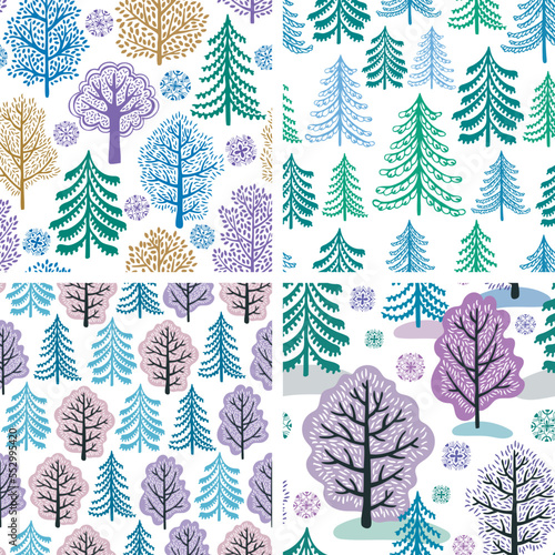 Winter, spring, summer and autumn forest. Four seasons. Collection of trees seamless patterns