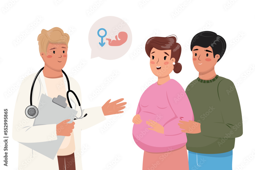 Illustration with the couple awaiting their child talking to the doctor. Gender reveal. Illustration with the couple awaiting their child talking to the doctor. Gender reveal.