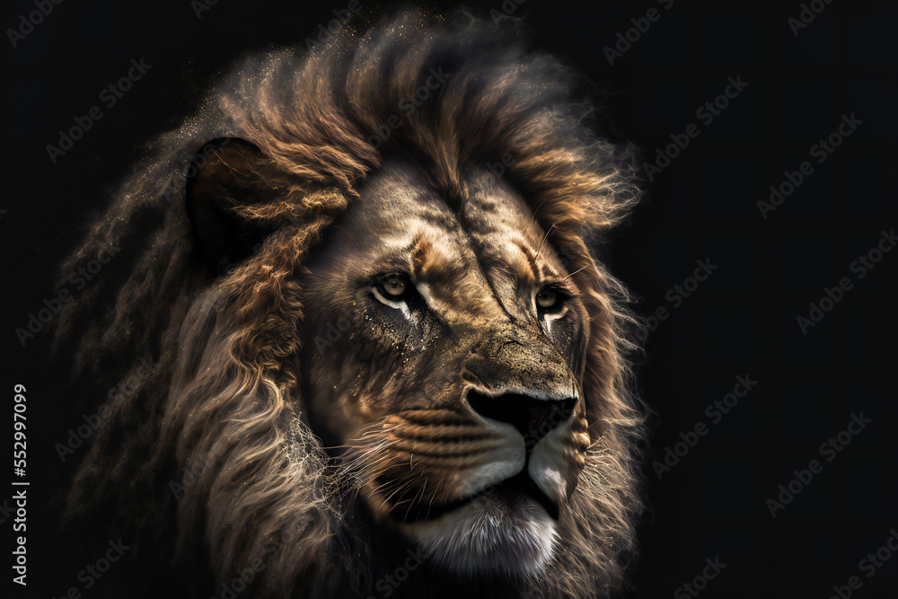 Lion on black background. Image created with Generative AI technology.