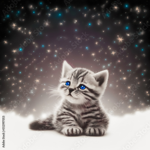 Kitten, Christmas and New Year.  Image created with Generative AI technology.