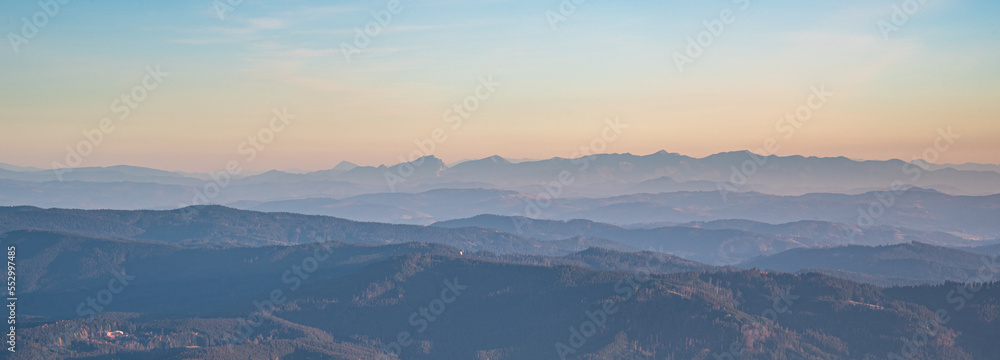 View to Mala Fatra mountains from Lysa hora hill in Moravskoslezske Beskydy mountains in Czech republic View to Mala Fatra mountains from Lysa hora hill in Moravskoslezske Beskydy mountains in Czech republic