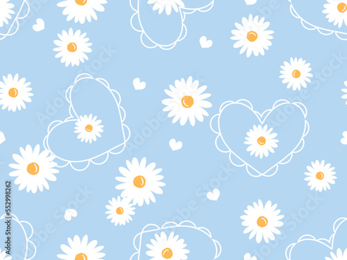 Seamless pattern with hand drawn daisy flower and hearts on blue background vector illustration. Cute floral print.