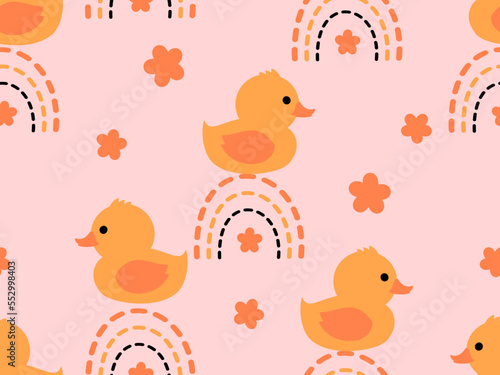 Seamless pattern with little duck cartoons, flower and rainbows on pink background vector illustration.