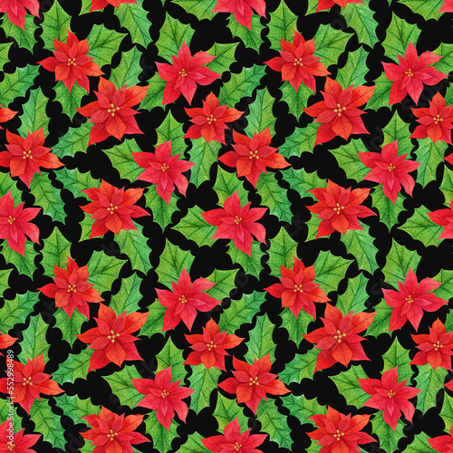 Christmas seamless pattern. Red poinsettia and green leaves