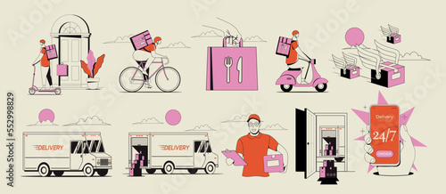 Set of conceptual delivery service business illustrations of delivery truck and courier guy and delivery boxes and bags in retro style isolated on beige background. Vector illustration