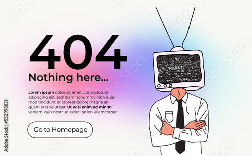 404 error page or page not found design template for your website with hand drawn office clerk with tv-set or monitor instead his head with white noise on the screen. Vector illustration