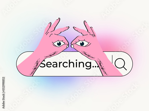 Web searching or web surfing or OSINT concert with searching bar and hands making binoculars coming out from it. Vector illustration