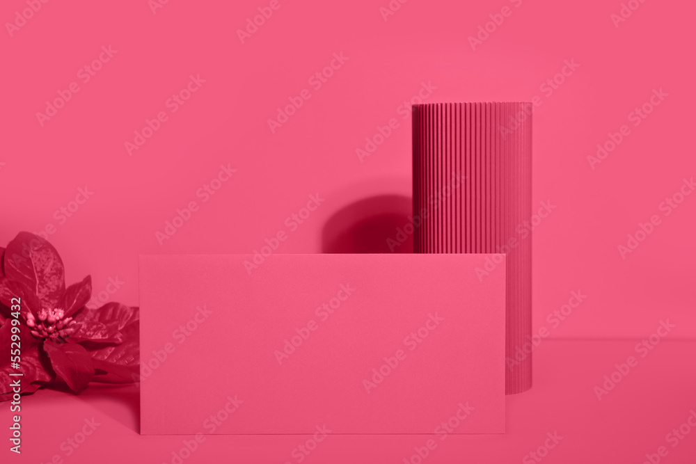 Christmas and New Year card mock up on modern pantone viva magenta background. Space for text. Seasons greetings template Christmas and New Year card mock up on modern pantone viva magenta background. Space for text. Seasons greetings template