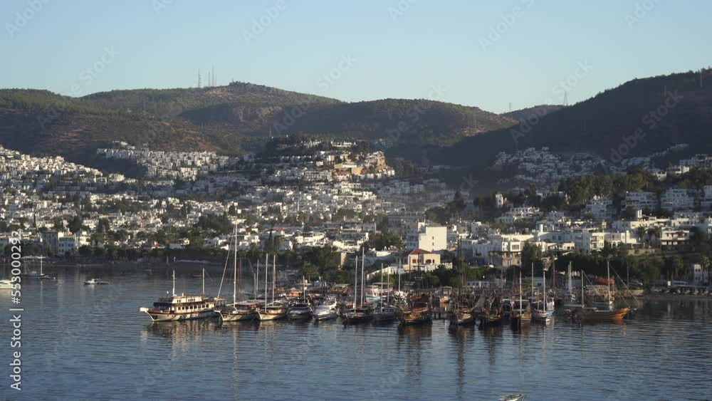 Aerial view of Bodrum bay, Turkey. Seashore, sailboats, boats, mountains and fort in Bodrum. Aerial view of Bodrum bay, Turkey. Seashore, sailboats, boats, mountains and fort in Bodrum.