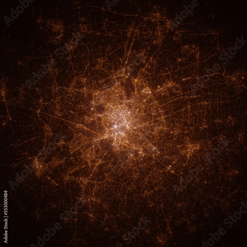 Gent, Belgium street lights map. Satellite view on modern city at night. Imitation of aerial view on roads network. 3d render
