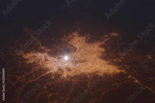 Aerial shot of La Paz (Bolivia) at night, view from north. Imitation of satellite view on modern city with street lights and glow effect. 3d render