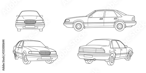 Set of classic sedan car. Different five view shot - front, rear, side and 3d. Outline doodle vector illustration