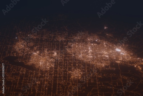 Aerial shot of Boise and Nampa (Idaho, USA) at night, view from south. Imitation of satellite view on modern city with street lights and glow effect. 3d render