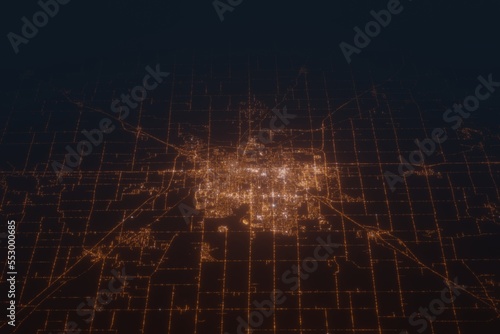 Aerial shot on Bloomington (Illinois, USA) at night, view from east. Imitation of satellite view on modern city with street lights and glow effect. 3d render