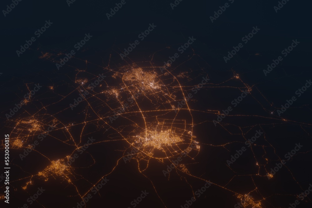 Aerial shot of Buraydah and Unaizah (Saudi Arabia) at night, view from south. Imitation of satellite view on modern city with street lights and glow effect. 3d render Aerial shot of Buraydah and Unaizah (Saudi Arabia) at night, view from south. Imitation of satellite view on modern city with street lights and glow effect. 3d render