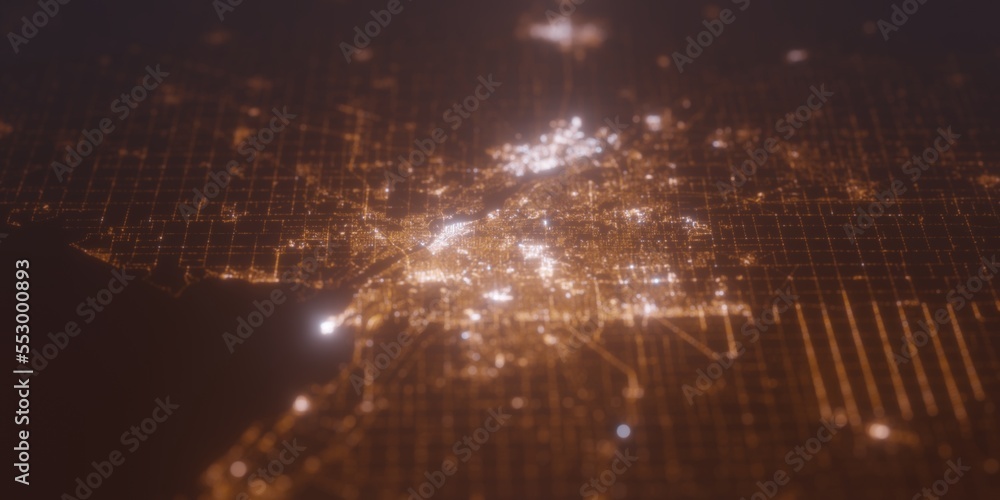 Street lights map of Toledo (Ohio, USA) with tilt-shift effect, view from north. Imitation of macro shot with blurred background. 3d render, selective focus - obrazy, fototapety, plakaty 