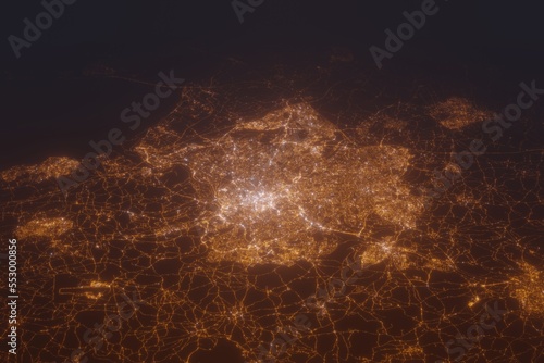 Aerial shot of Bristol (United Kingdom) at night, view from south. Imitation of satellite view on modern city with street lights and glow effect. 3d render