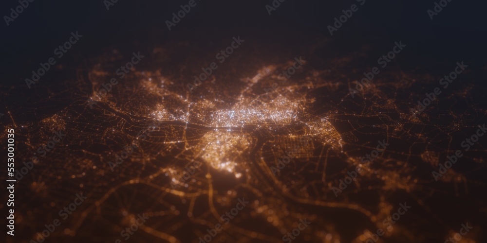 Street lights map of Bratislava (Slovakia) with tilt-shift effect, view from south. Imitation of macro shot with blurred background. 3d render, selective focus