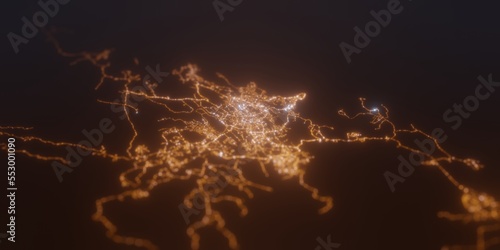 Street lights map of Port Moresby (Papua) with tilt-shift effect, view from north. Imitation of macro shot with blurred background. 3d render, selective focus