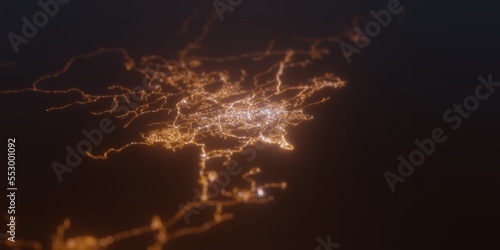 Street lights map of Port Moresby (Papua) with tilt-shift effect, view from west. Imitation of macro shot with blurred background. 3d render, selective focus