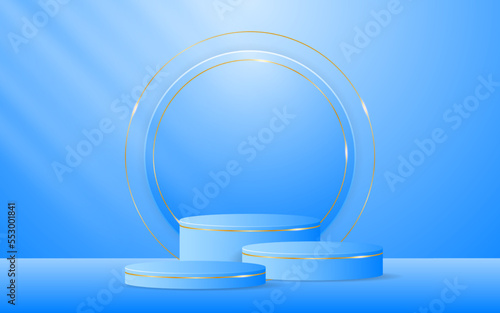 Multi-layered blue podium has a round shape and gold lines on the back for product presentation. cosmetic product display. vector illustration 