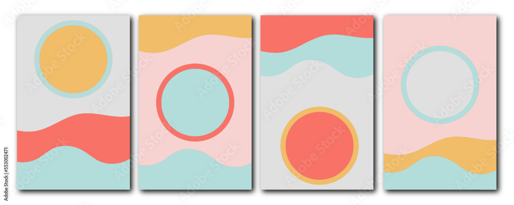 Set of pastel colored abstract waves with circles.
Abstract Contemporary Aesthetic Backgrounds