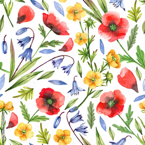 Watercolor hand painted seamless pattern with wild fowers  poppy  bells  buttercups. Floral rustic background. Floral illustration for wrapping paper  textile  decorations.