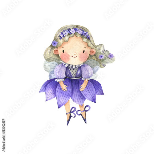 Flower princess in a lavender dress watercolor illustration in a cartoon style. Cute girl in fairy dress, flower fairy.