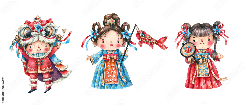 Traditional Chinese characters watercolor illustration in cartoon style ...