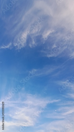 Blue sky and white streaks of clouds. Background. Texture. Copy space