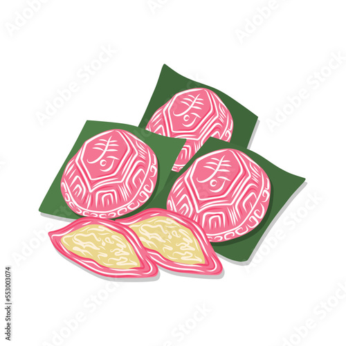 Ang Ku Kueh. Chinese Traditional Pastry with Longevity Word. Vector Illustration.