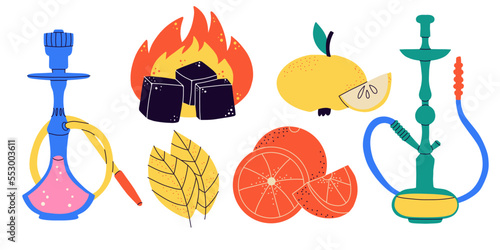 Hookah set. Modern drawing lounge bar or smoke shop elements, arabic tobacco smoking equipment. Calabash with glass flask and tubes, charcoal in fire and fruits, vector cartoon isolated illustration
