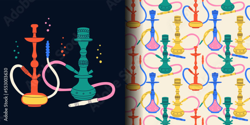 Hookah seamless pattern and print. Modern drawing lounge bar or smoke shop elements, arabic tobacco smoking equipment. Decor textile, wrapping paper, wallpaper design contemporary vector texture