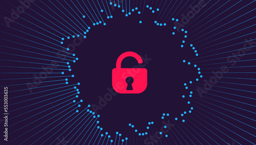 Digital Vector Tech Dark Blue Background with Brocken Lock. Data Breach